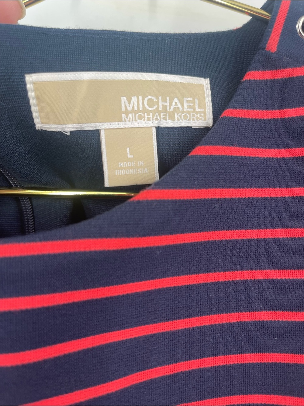 Michael Kors Navy and Pink Striped Sheath Dress with Grommet Shoulders - Picture 7 of 7